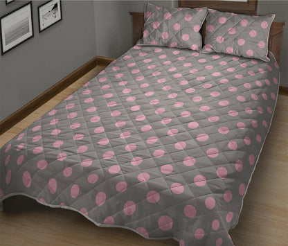 Grey And Pink Polka Dot Pattern Print Quilt Bed Set