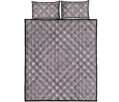Grey And Pink Polka Dot Pattern Print Quilt Bed Set