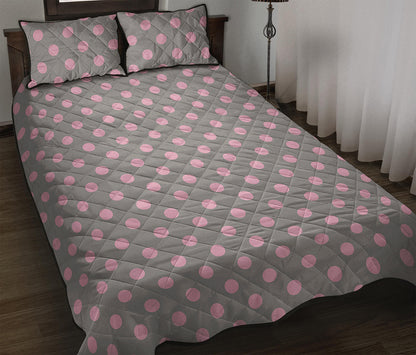 Grey And Pink Polka Dot Pattern Print Quilt Bed Set
