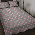 Grey And Pink Polka Dot Pattern Print Quilt Bed Set