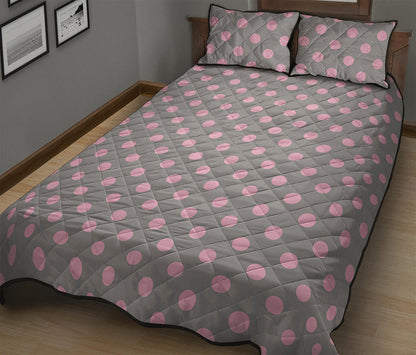 Grey And Pink Polka Dot Pattern Print Quilt Bed Set