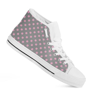 Grey And Pink Polka Dot Pattern Print White High Top Shoes