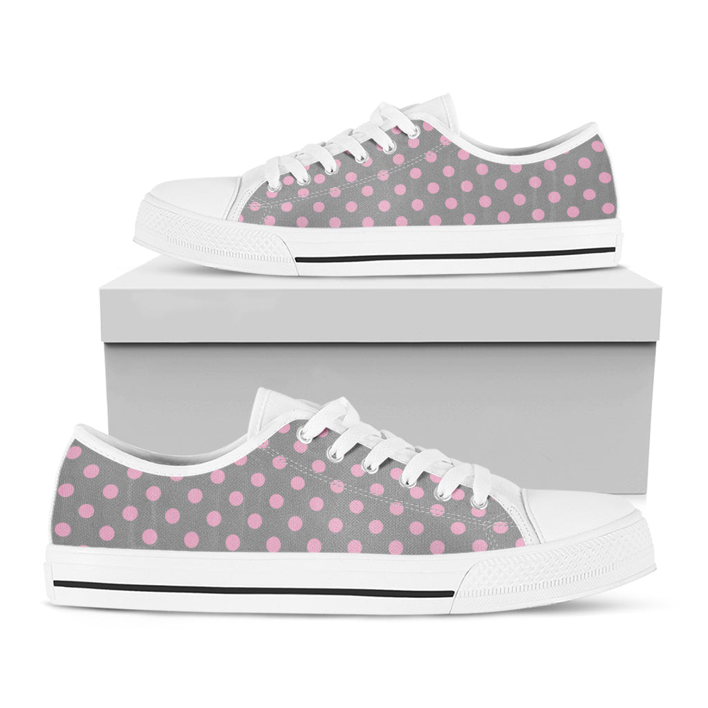 Grey And Pink Polka Dot Pattern Print White Low Top Shoes