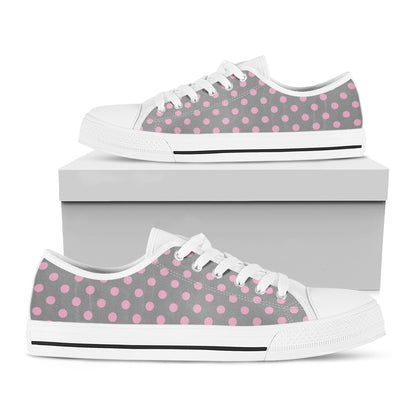 Grey And Pink Polka Dot Pattern Print White Low Top Shoes