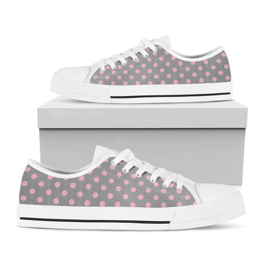 Grey And Pink Polka Dot Pattern Print White Low Top Shoes