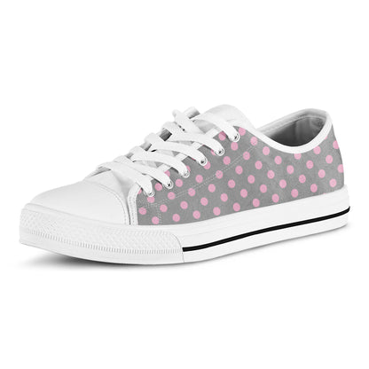 Grey And Pink Polka Dot Pattern Print White Low Top Shoes