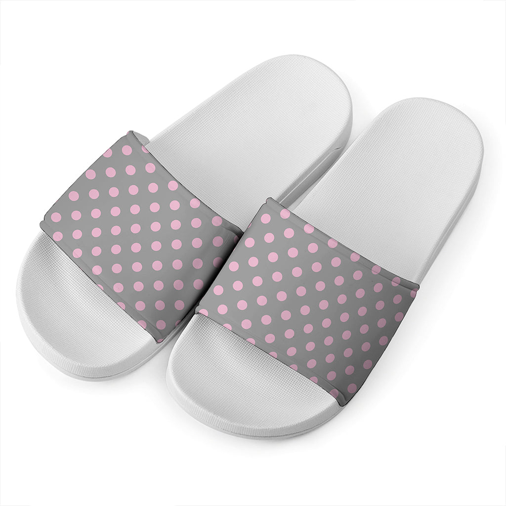 Grey And Pink Polka Dot Pattern Print White Slide Sandals