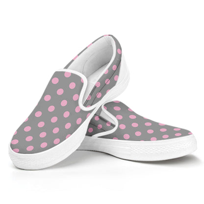 Grey And Pink Polka Dot Pattern Print White Slip On Shoes