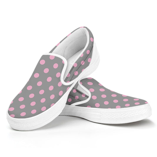 Grey And Pink Polka Dot Pattern Print White Slip On Shoes