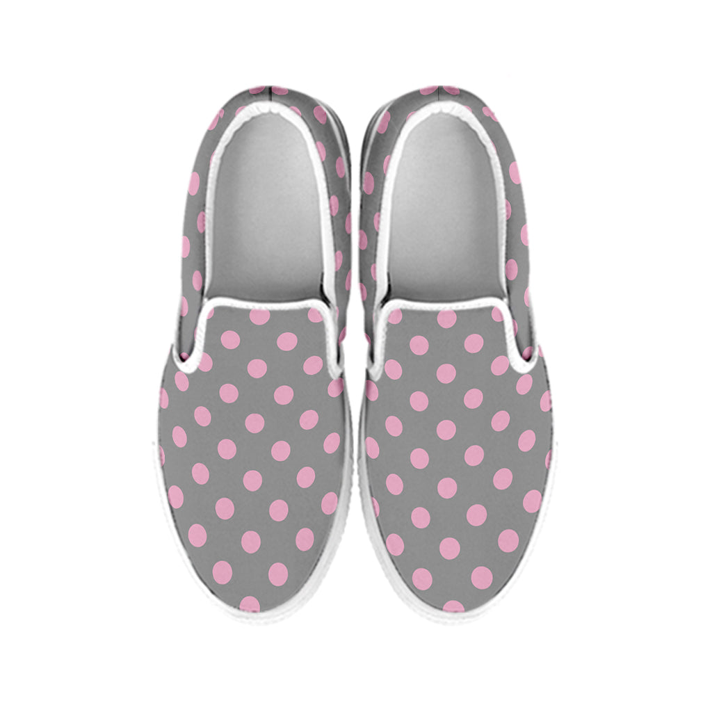 Grey And Pink Polka Dot Pattern Print White Slip On Shoes