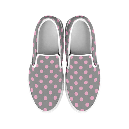 Grey And Pink Polka Dot Pattern Print White Slip On Shoes
