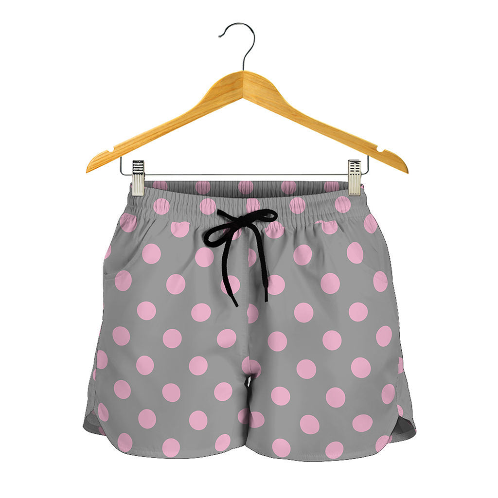 Grey And Pink Polka Dot Pattern Print Women's Shorts