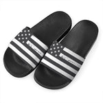 Grey And White American Flag Print Black Slide Sandals