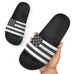 Grey And White American Flag Print Black Slide Sandals