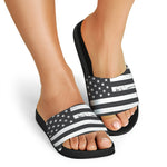 Grey And White American Flag Print Black Slide Sandals
