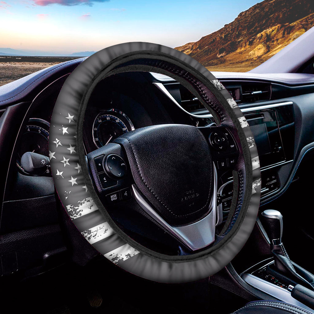 Grey And White American Flag Print Car Steering Wheel Cover