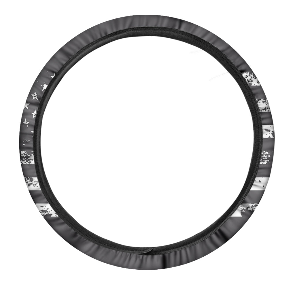 Grey And White American Flag Print Car Steering Wheel Cover