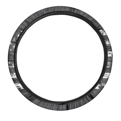 Grey And White American Flag Print Car Steering Wheel Cover