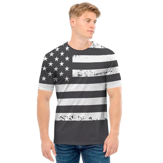 Grey And White American Flag Print Men's T-Shirt