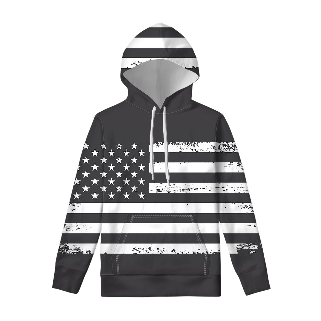 Grey And White American Flag Print Pullover Hoodie