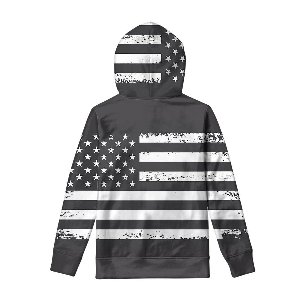 Grey And White American Flag Print Pullover Hoodie