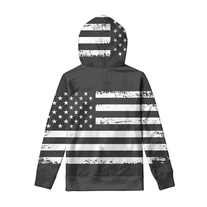 Grey And White American Flag Print Pullover Hoodie