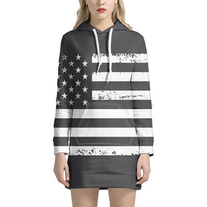 Grey And White American Flag Print Pullover Hoodie Dress