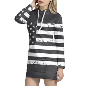 Grey And White American Flag Print Pullover Hoodie Dress