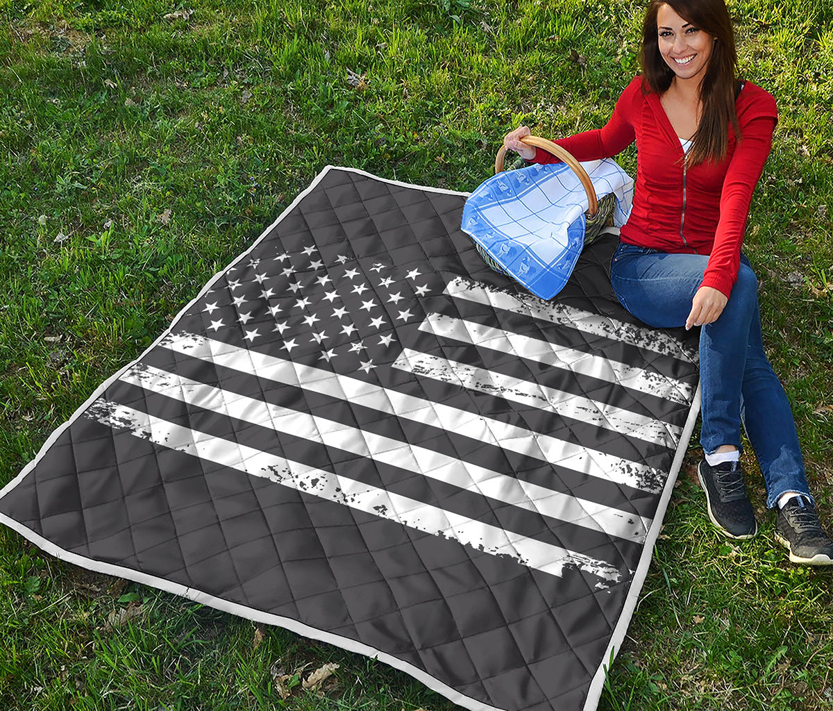 Grey And White American Flag Print Quilt