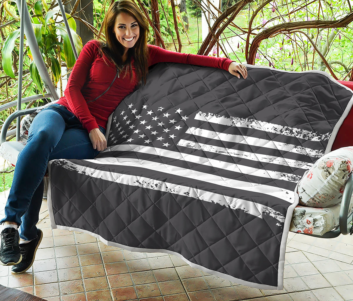 Grey And White American Flag Print Quilt