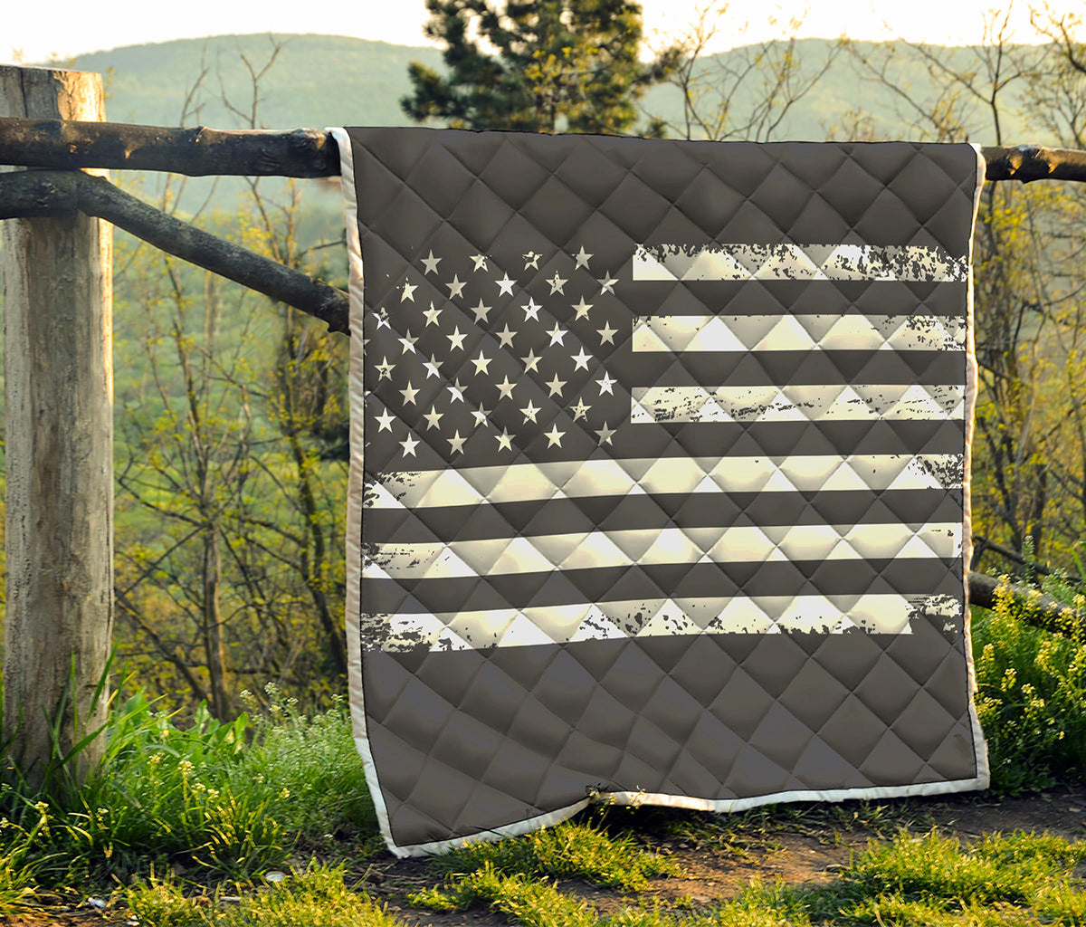 Grey And White American Flag Print Quilt