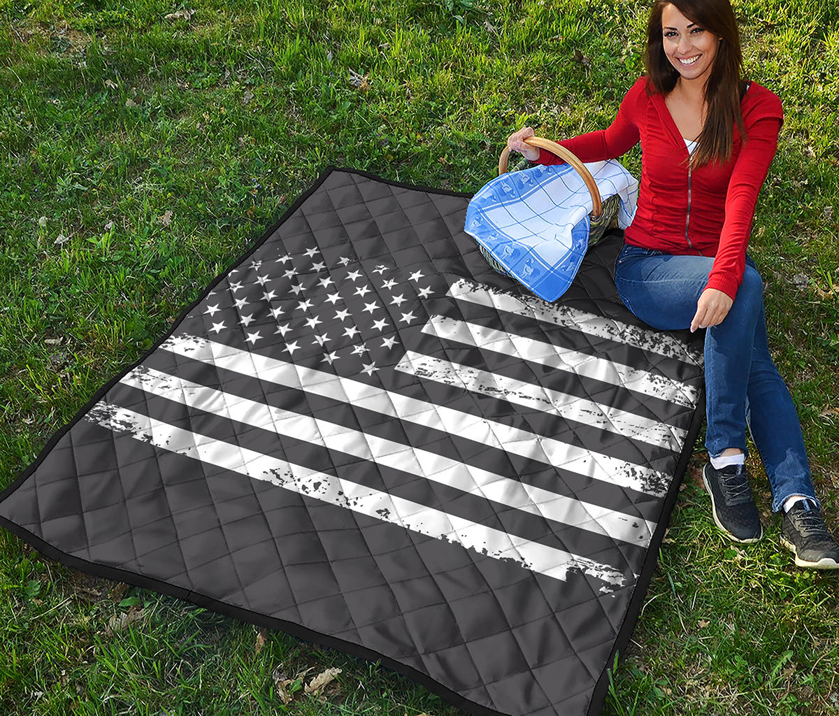 Grey And White American Flag Print Quilt