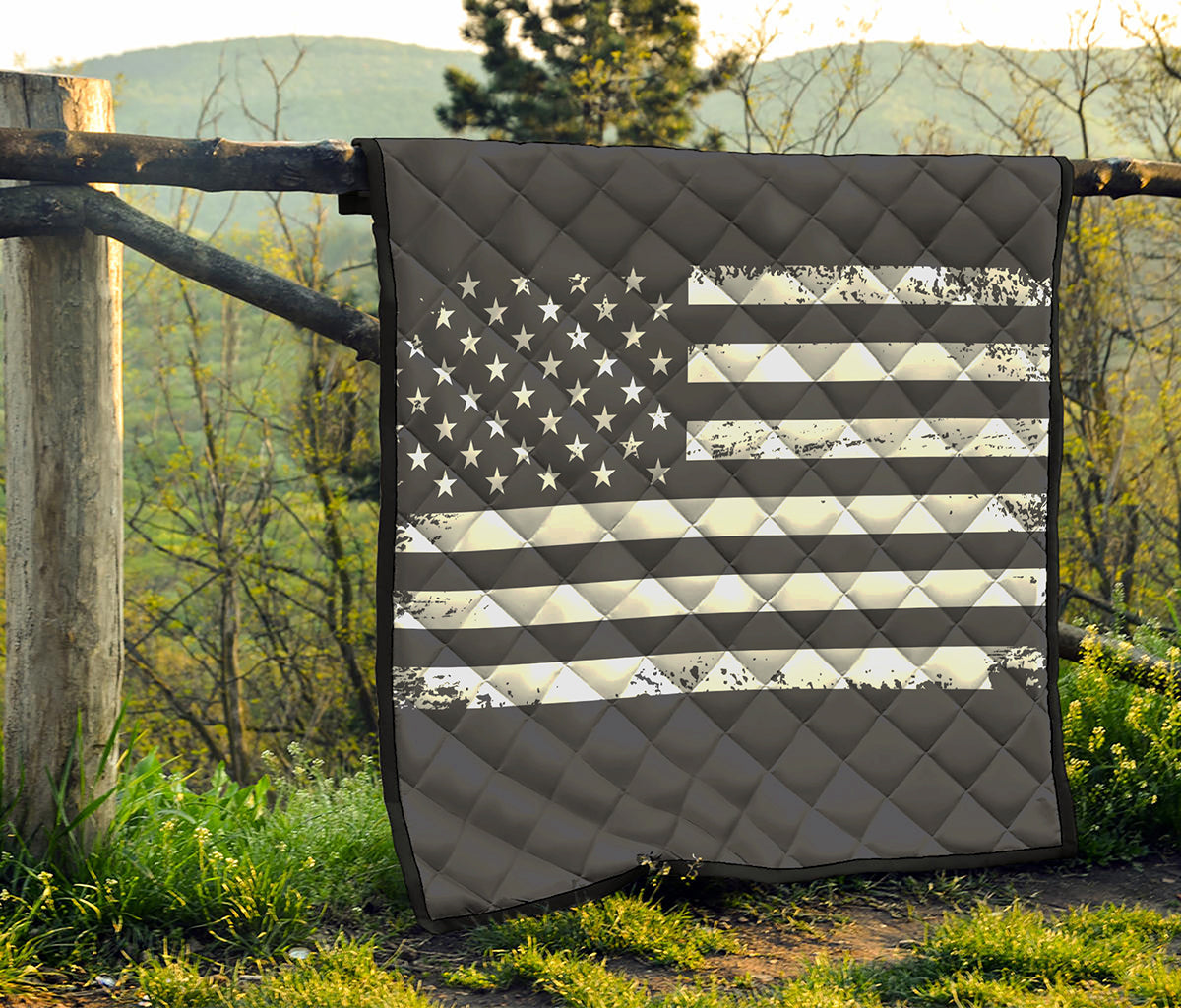 Grey And White American Flag Print Quilt