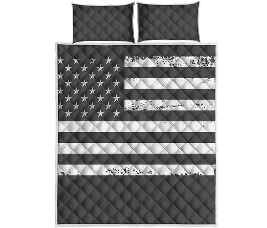 Grey And White American Flag Print Quilt Bed Set