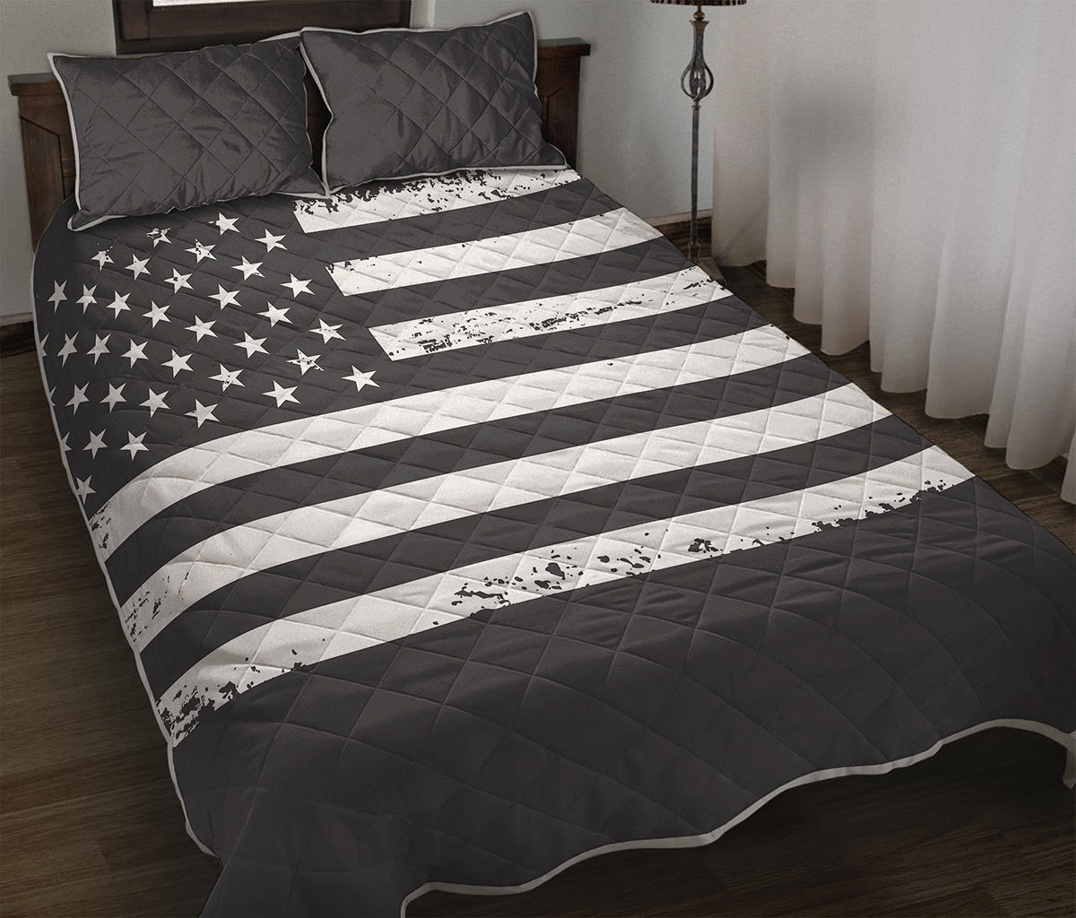 Grey And White American Flag Print Quilt Bed Set