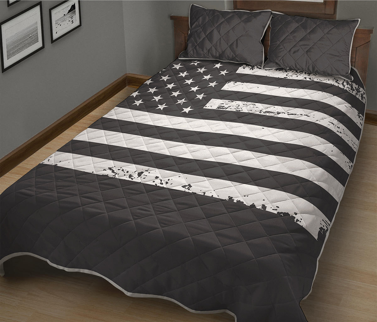 Grey And White American Flag Print Quilt Bed Set
