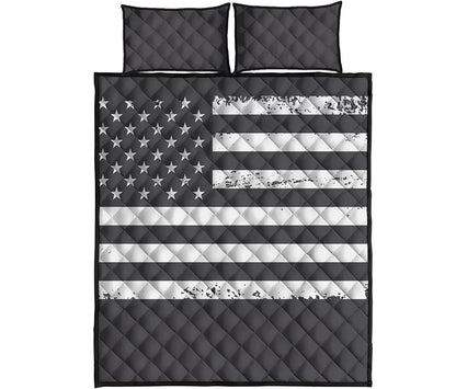 Grey And White American Flag Print Quilt Bed Set