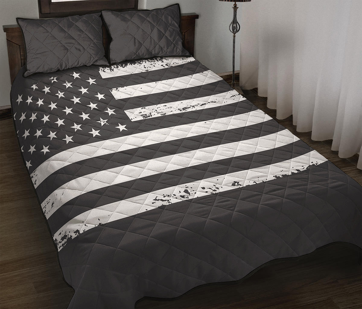 Grey And White American Flag Print Quilt Bed Set