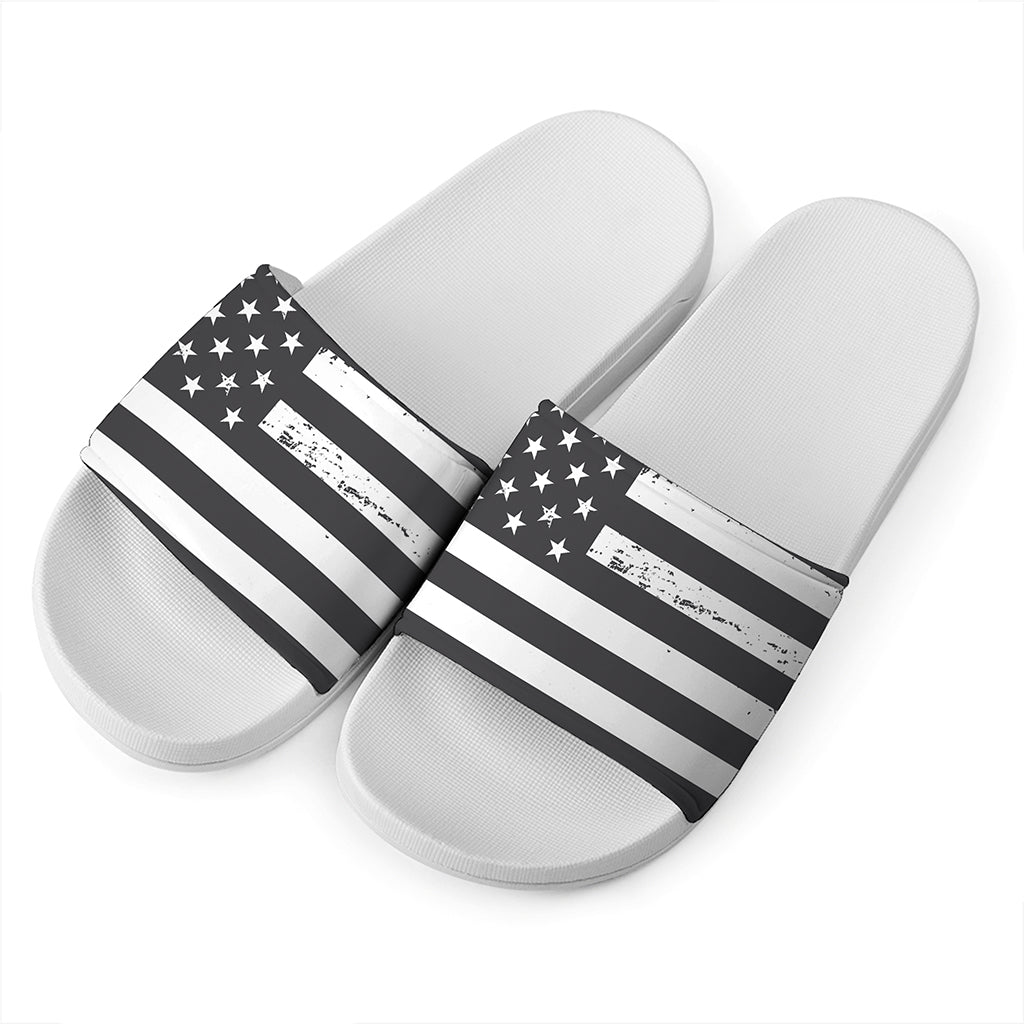Grey And White American Flag Print White Slide Sandals