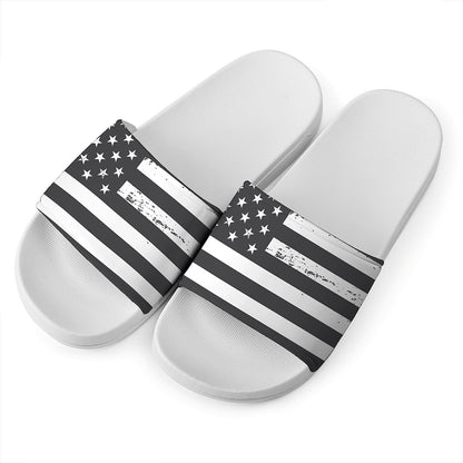 Grey And White American Flag Print White Slide Sandals