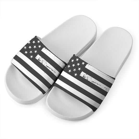 Grey And White American Flag Print White Slide Sandals
