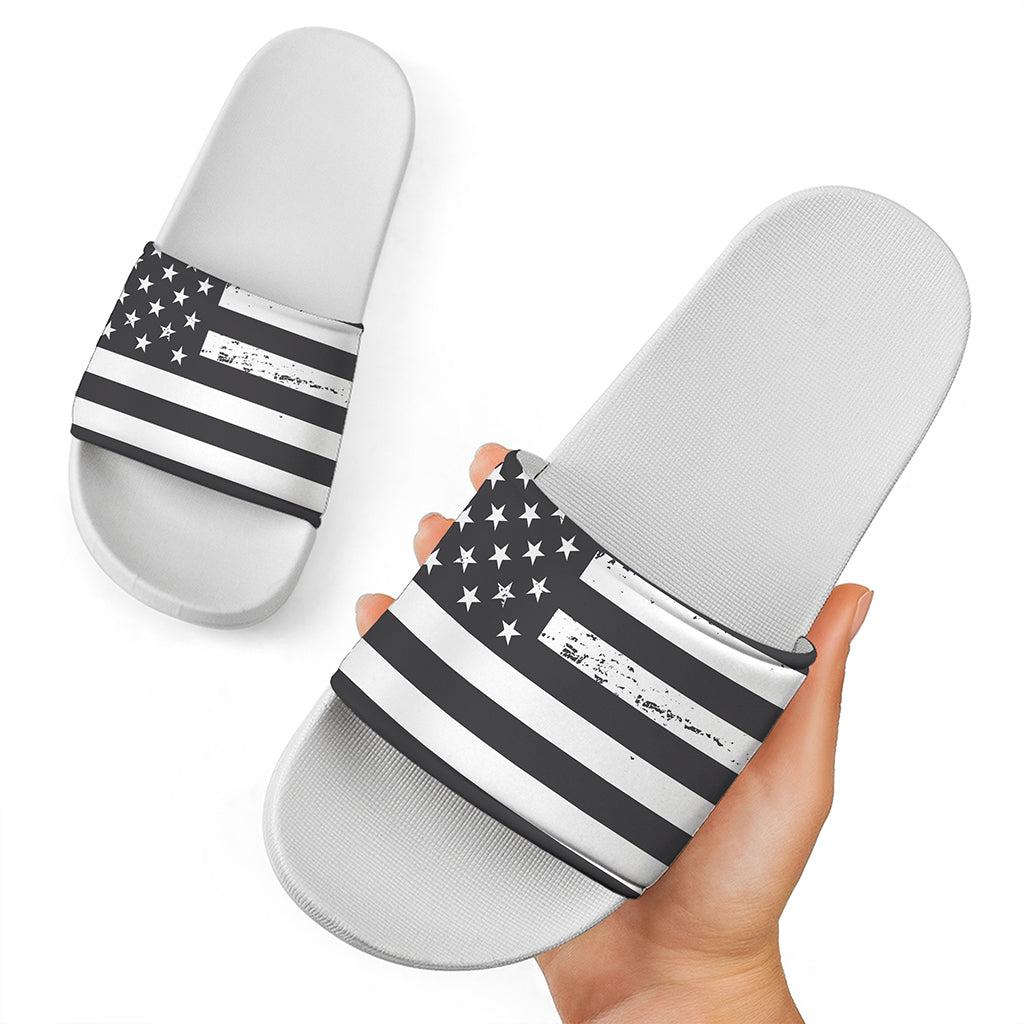 Grey And White American Flag Print White Slide Sandals