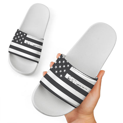 Grey And White American Flag Print White Slide Sandals