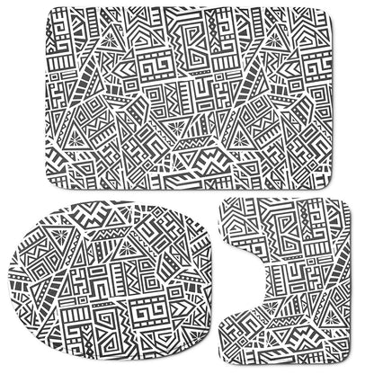 Grey And White Aztec Pattern Print 3 Piece Bath Mat Set