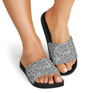 Grey And White Aztec Pattern Print Black Slide Sandals