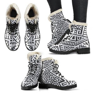 Grey And White Aztec Pattern Print Comfy Boots GearFrost