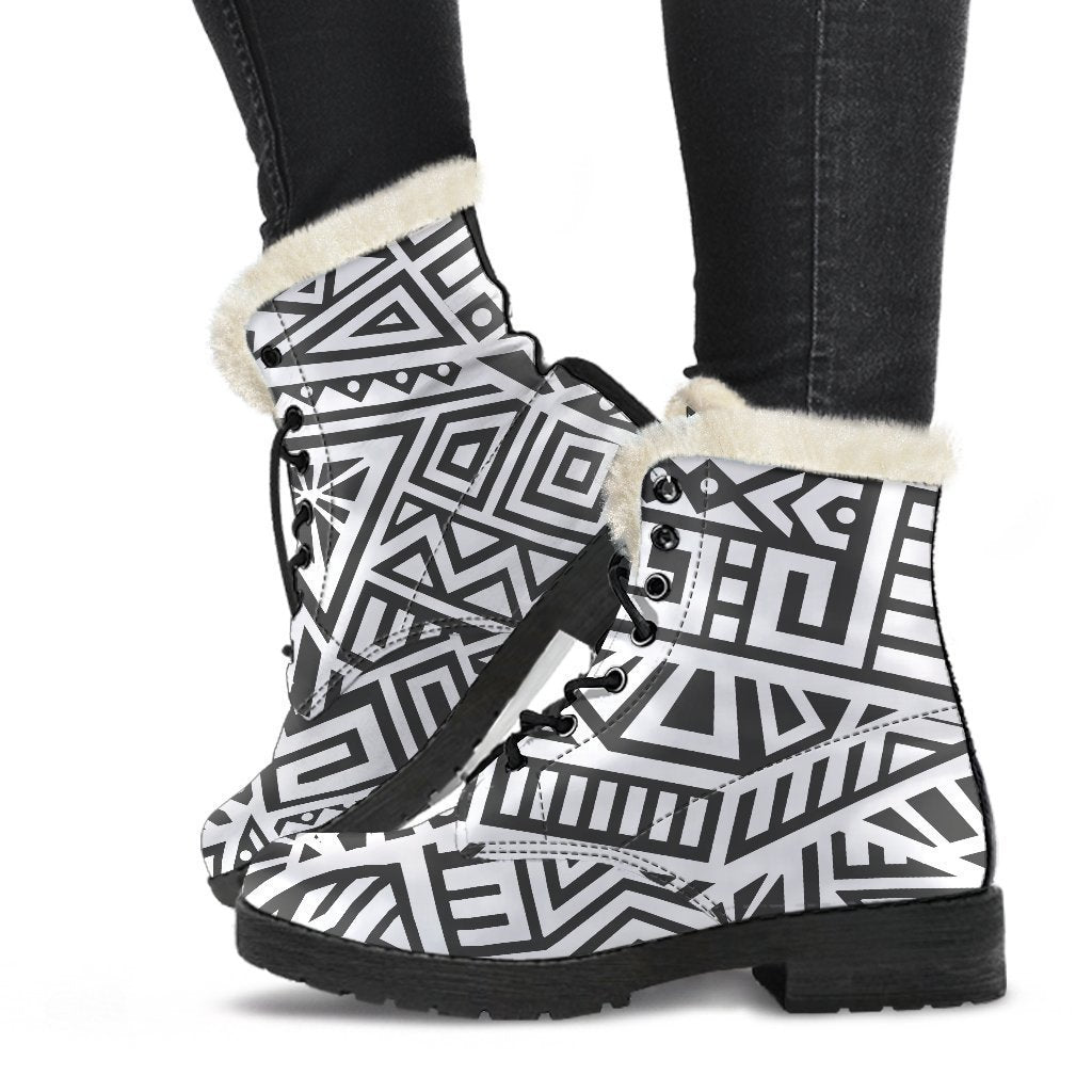 Grey And White Aztec Pattern Print Comfy Boots GearFrost