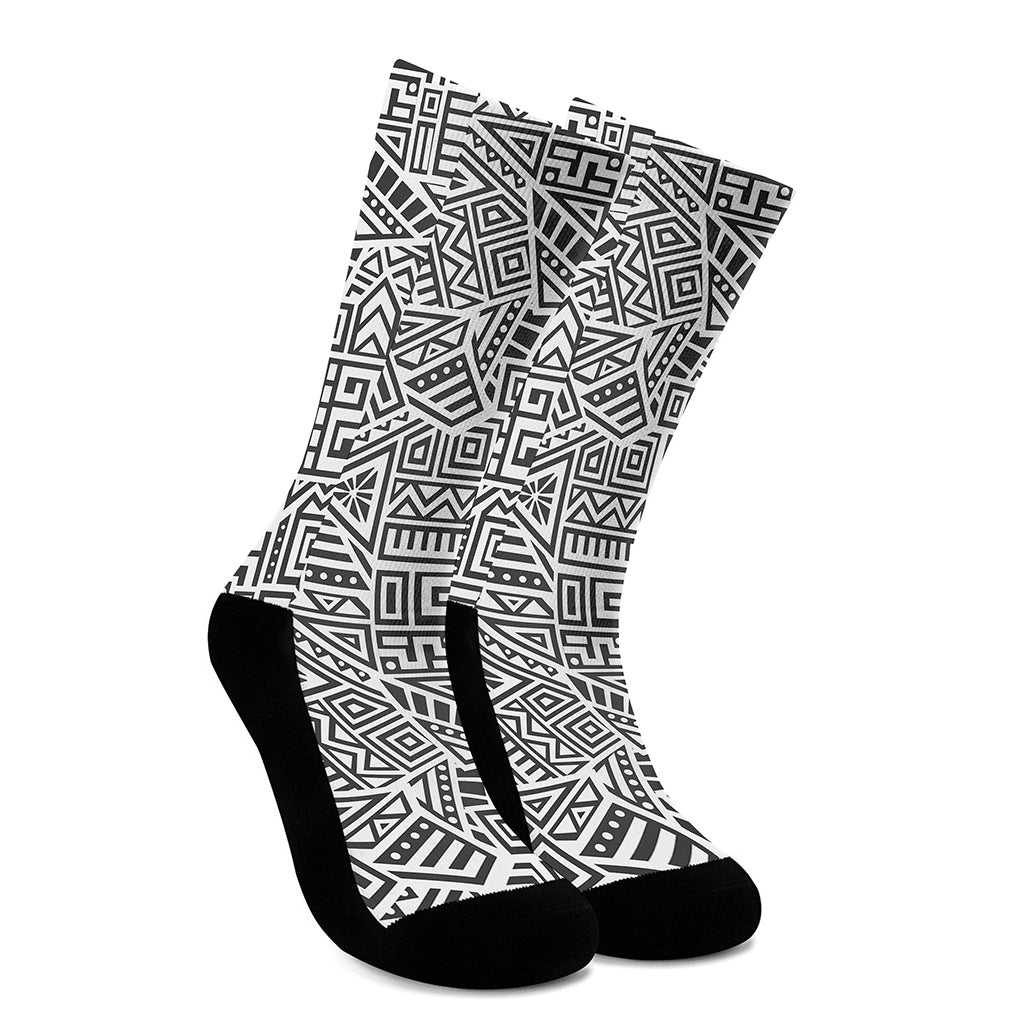Grey And White Aztec Pattern Print Crew Socks