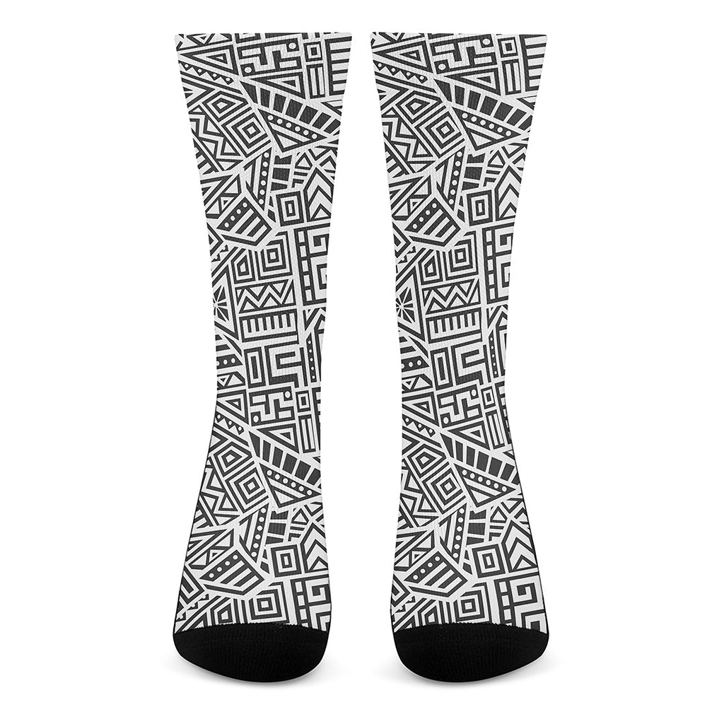 Grey And White Aztec Pattern Print Crew Socks