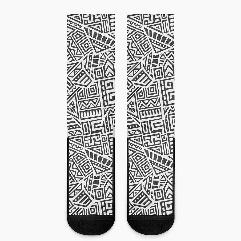 Grey And White Aztec Pattern Print Crew Socks